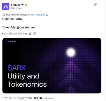 The image features a social media post from an account named "Arcium" that includes a photo of a purple background with white text, which reads "SARX utility and kenonomics". The post also contains a link to a website called "okxboost tích điểm thôi anh em", suggesting the presence of a cross-chain wallet or token.