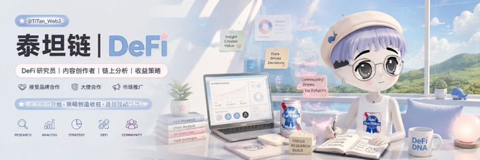 A banner for '@TiTan_Web3' promoting 泰坦链 DeFi (Titan Chain DeFi) as a content creator and yield strategy platform, featuring an anime-style character at a desk.