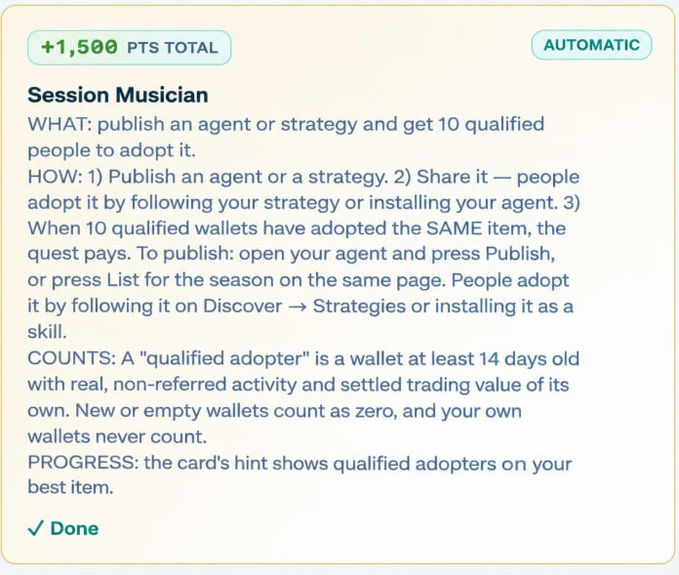 A quest card titled 'Session Musician' showing '+1,500 PTS TOTAL' and marked 'AUTOMATIC' and 'Done', with instructions on how to publish an agent or strategy and get 10 qualified people to adopt it.