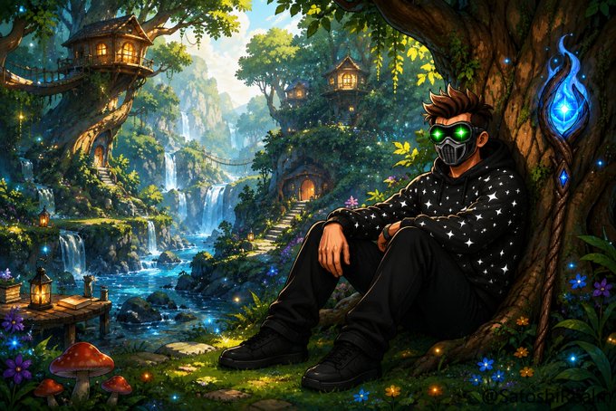 A digital artwork of a young man wearing a star-patterned hoodie and a mask with glowing green eyes, sitting under a large tree in a magical forest setting with waterfalls and treehouses.