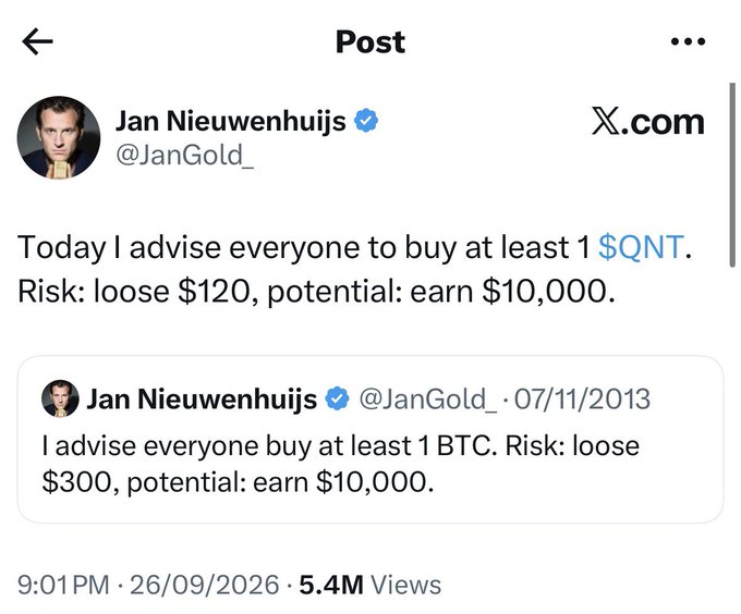 The image shows a post from Jan Nieuwenhuijs (@JanGold_) advising followers to buy $QNT, citing a risk of losing $120 but a potential to earn $10,000, alongside a 2013 tweet of his recommending Bitcoin at $300 with similar risk/reward framing. The post has garnered 5.4M views, illustrating how the account's past Bitcoin callout lends credibility to his new $QNT recommendation.
