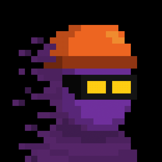 A pixel art image showing a purple, glitch-like figure wearing an orange beanie and a black headband with yellow rectangular 'eyes'.