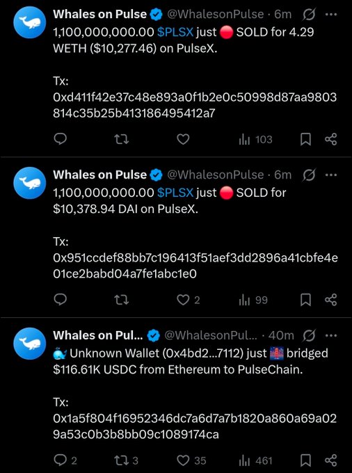 Screenshots of tweets from "Whales on Pulse" @WhalesonPulse reporting massive cryptocurrency transactions, including 1,100,000,000.00 $PLSX sold for 4.29 WETH ($10,277.46) and $10,378.94 DAI on PulseX, plus a bridge transfer of $116.61K USDC from Ethereum to PulseChain.