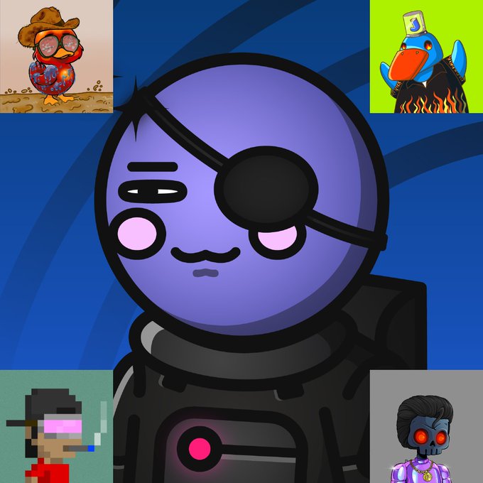 A digital illustration featuring a large purple character with an eye patch in the center, surrounded by four smaller character portraits in the corners, including a chicken in a cowboy hat and a skeleton.