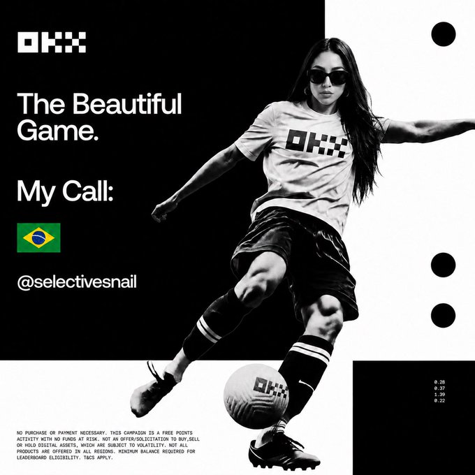 The image features a woman wearing sunglasses and a soccer uniform who appears to be kicking a soccer ball. The background of the image is black with white dots, which gives an impression that she's playing soccer outdoors or in a dimly lit area. There are also some text elements on the image, including "the beautiful game" written above her head and "my call: #okx".