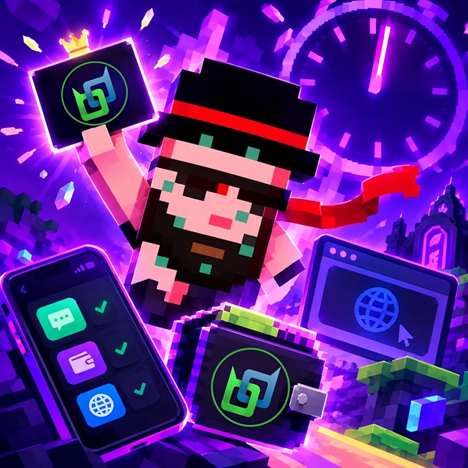 A vibrant purple-toned pixel art illustration featuring a blocky character with a beard and hat holding a logo sign, surrounded by digital icons representing chat, files, and web features.