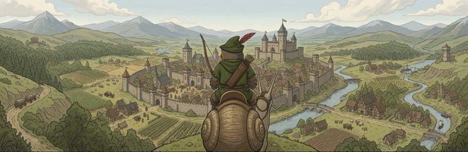 A hooded archer in green, resembling Robin Hood, rides a wooden barrel while overlooking a medieval village and castle landscape. The image visually reflects the post's narrative about $ROBBY, a Robin Hood-inspired mascot launching on the Robinhood Chain with a Sherwood-style story.