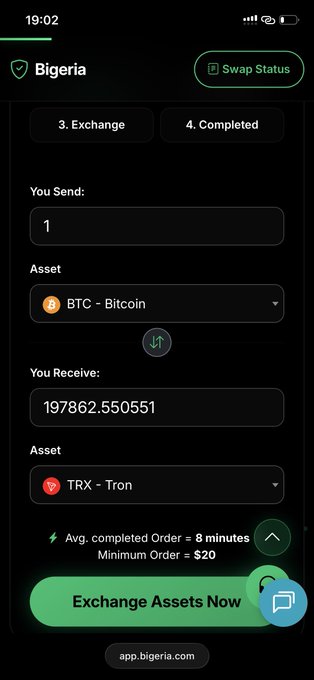 A mobile app screen for 'Bigeria' showing a crypto swap status (Exchange/Completed), converting 1 BTC to 197862.550551 TRX with an 'Exchange Assets Now' button.
