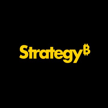 The image displays the yellow "Strategy" logo with its Bitcoin-style "B" superscript on a black background, representing the company formerly known as MicroStrategy ($MSTR) whose market cap has just surpassed eBay's ($EBAY) at $48.45B versus $46.38B.