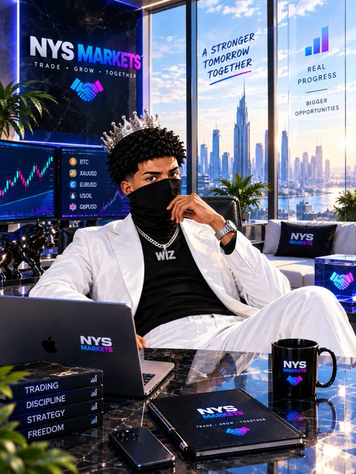 A digitally stylized image of a masked man wearing a crown and 'WIZ' chain, sitting at a desk with an Apple laptop, surrounded by 'NYS MARKETS' branding, trading screens, and books titled 'TRADING', 'DISCIPLINE', 'STRATEGY', and 'FREEDOM'.