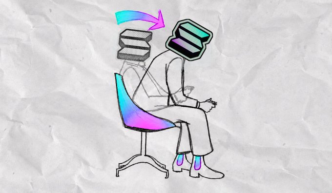 A stylized illustration depicts a figure sitting on a colorful gradient chair with a database/stack icon for a head, with an arrow showing the head transforming from gray to colorful, suggesting the concept of data enrichment.