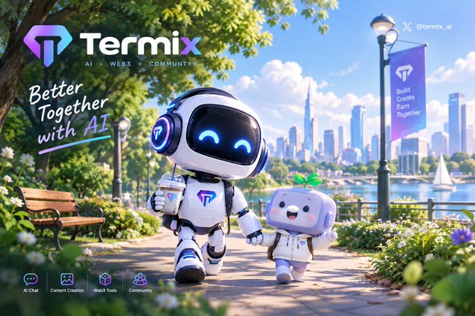 A promotional graphic for 'Termix' featuring two cartoon robots walking in a park, with text 'Better Together with AI' and 'Build, Create, Earn Together' alongside handles '@termix_ai'.