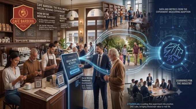 A promotional collage for 'Café Barbera: The Real-World Social Mining Experiment' featuring various scenes of people interacting with technology and text including 'HOW DO WE MEASURE SUCCESS?', 'DATA AND METRICS FROM THE EXPERIMENT: MEASURING ADOPTION', and 'LEARNINGS FOR THE INDUSTRY'.