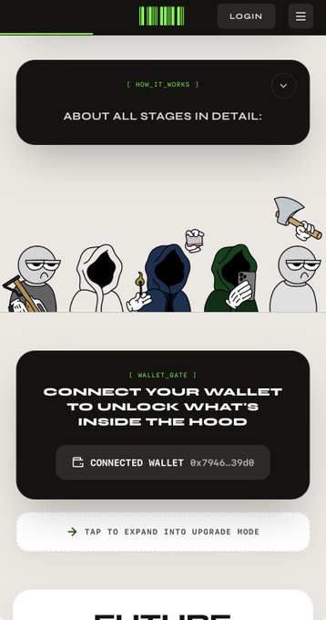 A mobile website interface with sections titled '[ HOW_IT_WORKS ]' and '[ WALLET_GATE ]', showing hooded character illustrations and a 'CONNECTED WALLET 0x7946...39d0' button.