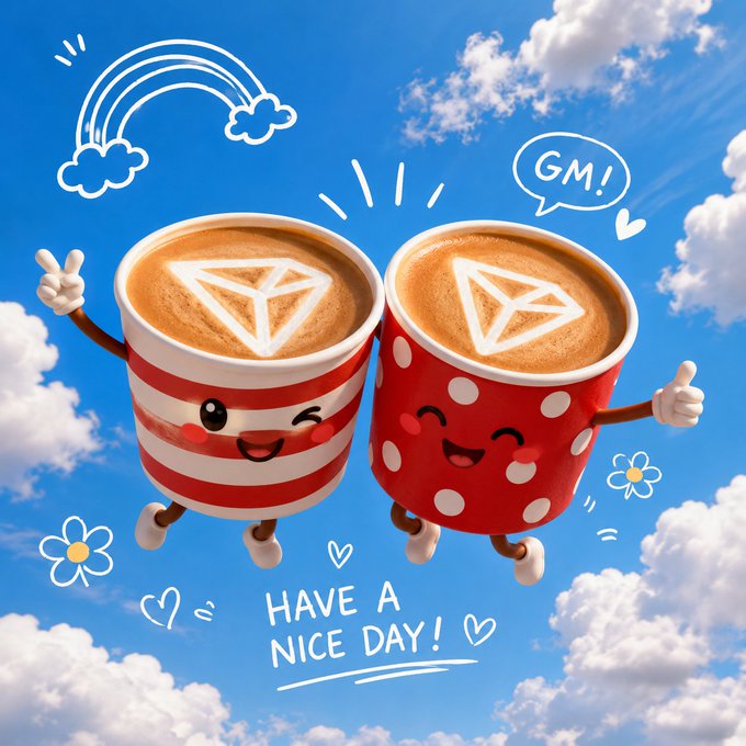 Two cheerful cartoon coffee cups with diamond-shaped latte art float among clouds, with speech bubbles reading "GM!" and the caption "HAVE A NICE DAY!" — a warm, optimistic "good morning" greeting that loosely echoes the post's reminder about JustLend DAO being the "heart" of liquidity flowing through the TRON ecosystem.