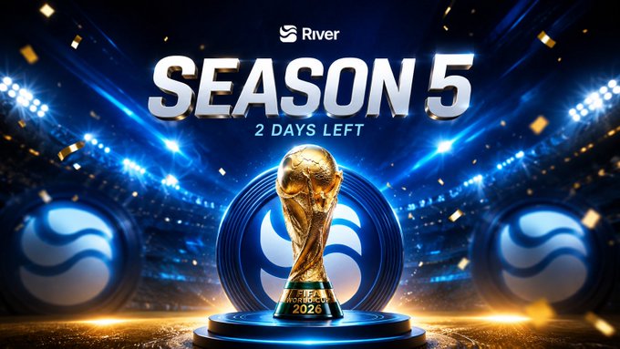 The image promotes the upcoming end of River's Season 5 with a golden FIFA World Cup-style trophy displayed on a stadium-lit podium, featuring the text "SEASON 5 — 2 DAYS LEFT" and the "River" logo at the top, visually building excitement as the countdown to Season 6 begins.