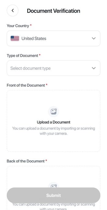 A mobile interface for "Document Verification" displaying form fields for "Your Country" (United States), "Type of Document," and upload areas for the "Front of the Document" and "Back of the Document," with a "Submit" button at the bottom. This screen represents the KYC (Know Your Customer) verification process being promoted in the post for InterLink community members.