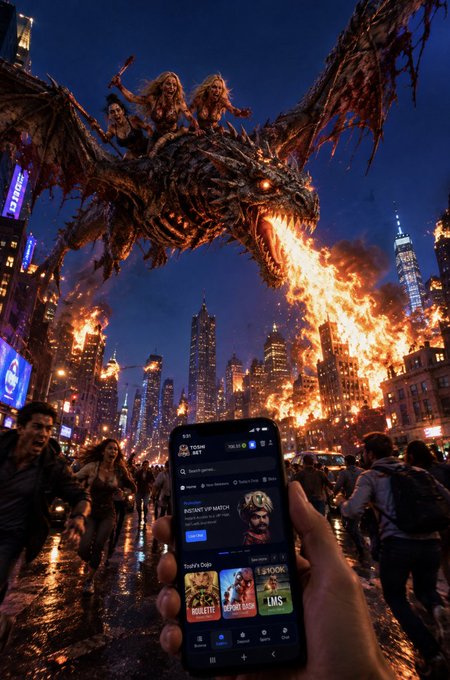 A giant zombie dragon breathes fire over a chaotic New York City street while a person holds up a phone showing the ToshiBet app interface, appearing to check their winnings while fleeing the apocalyptic scene. Visible app text includes "Toshi," "TOURN," "PAT WATON," "ROULETTE," "REPOR," and "T-HOOD LMS" amid the fiery destruction.