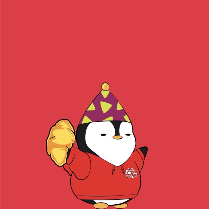 An illustration of a cartoon penguin wearing a party hat and red hoodie, holding a large gold nugget against a red background.