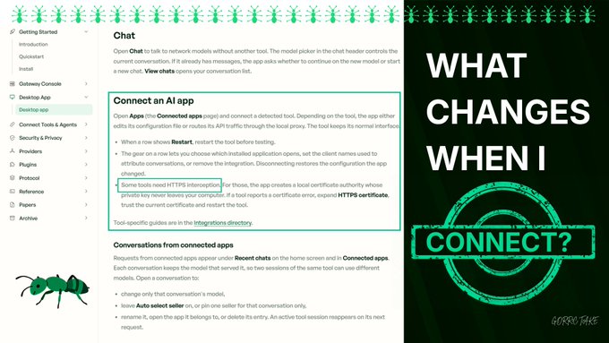 The image shows a documentation page for the Chat app's "Connect an AI app" section, with highlighted text noting that "Some tools need HTTPS information" and the instruction "To trust the current certificate and restart the tool," alongside a bold overlay reading "WHAT CHANGES WHEN I CONNECT?"