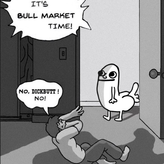 The black-and-white comic depicts a person cowering on the floor, exclaiming "NO, DICKBUTT! NO!" while the cartoon character Dickbutt declares "IT'S BULL MARKET TIME!" in the doorway, humorously celebrating the memecoin $DICKBUTT's listing on the Aerodrome exchange as a bullish milestone.