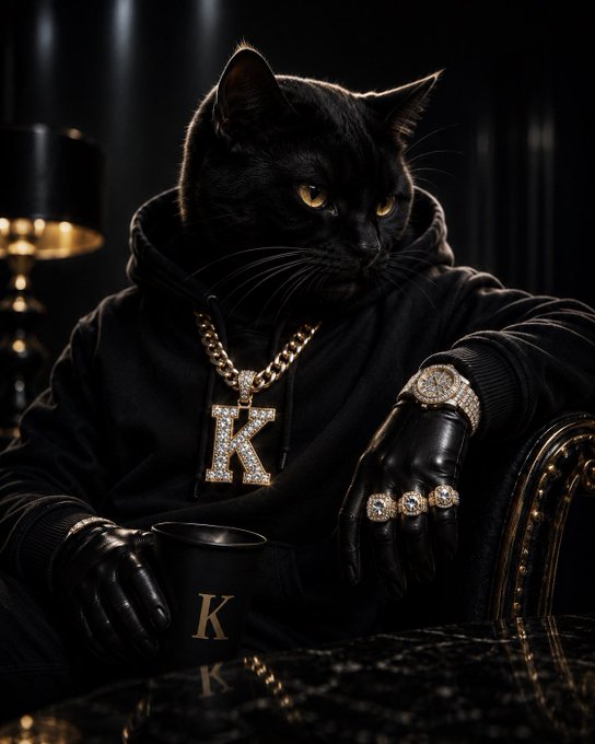 A black cat wearing a black hoodie, gold "K" pendant necklace, and diamond-encrusted jewelry sits at a luxurious dark table with a gold "K" mug, embodying the sleek, wealthy aesthetic of the $KATE movement that unites the Ansem and Cate communities.