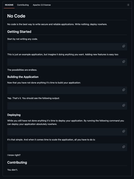 A README page titled "No Code" humorously promotes writing no code at all, with sections like "Getting Started" advising to "Start by not writing any code," "Building the Application" telling the user they have "not done anything," and "Deploying" repeating the joke of deploying an app built from nothing. The post references a Solana token ticker "$nocode," tying the meme's satirical message directly to the project's playful branding.