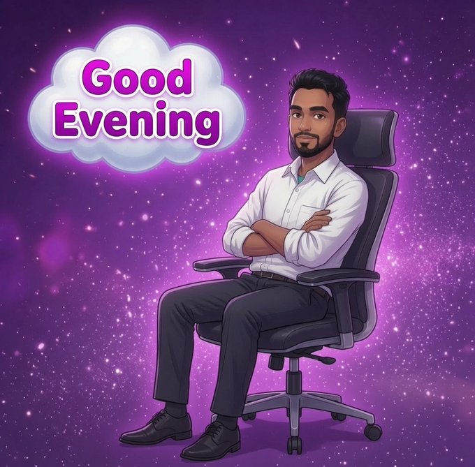 A digital illustration features a bearded man sitting confidently in an office chair with arms crossed against a starry purple galaxy background, accompanied by a speech bubble reading 'Good Evening'.