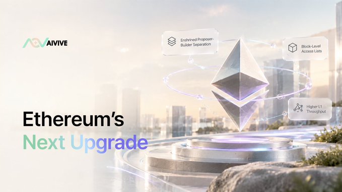 A promotional graphic for 'Aivive' titled 'Ethereum's Next Upgrade' features the Ethereum logo and highlights features like 'Enshrined Proposer-Builder Separation' and 'Block-Level Access Lists'.