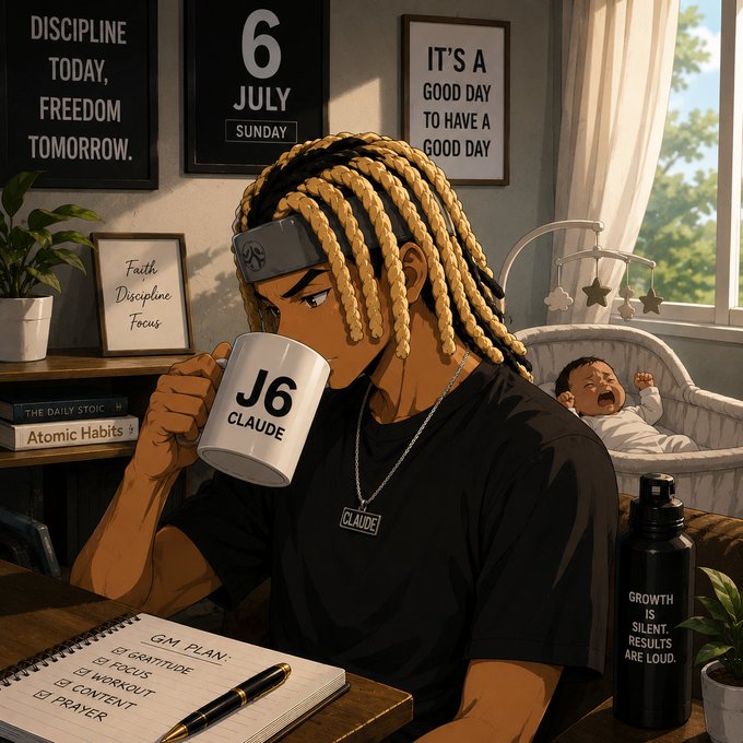 An anime-style illustration of a blonde-haired character drinking from a 'J6 CLAUDE' mug, sitting at a desk with a '6 JULY SUNDAY' calendar, motivational posters ('DISCIPLINE TODAY, FREEDOM TOMORROW', 'IT'S A GOOD DAY TO HAVE A GOOD DAY', 'Faith Discipline Focus'), books including 'Atomic Habits' and 'The Daily Stoic', a notebook with a 'GMT PLAN' checklist, and a baby crying in a bassinet in the background.