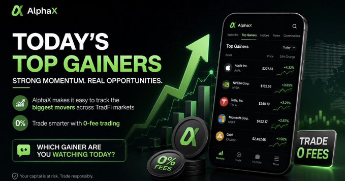 An AlphaX advertisement promoting 'TODAY'S TOP GAINERS' with a phone display showing stocks like Apple, NVIDIA, Tesla, and Microsoft, emphasizing '0% FEES' trading.