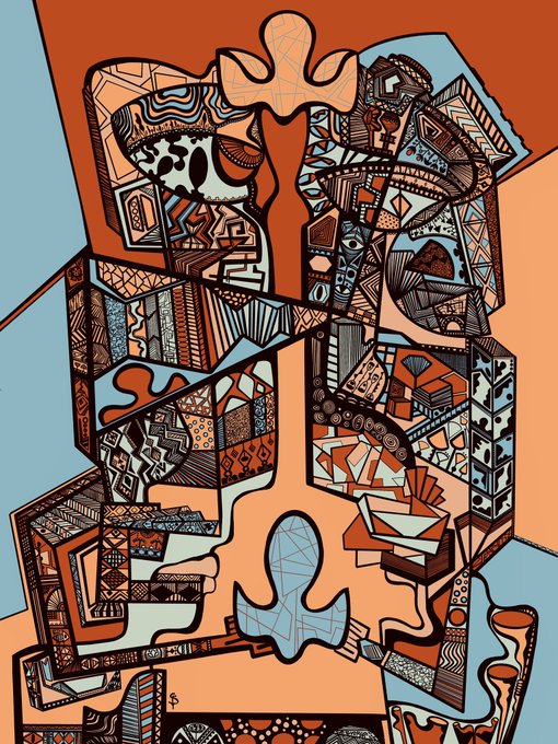 An abstract cubist-style artwork featuring geometric shapes, patterns, and a stylized figure rendered in warm orange, blue, and black tones.