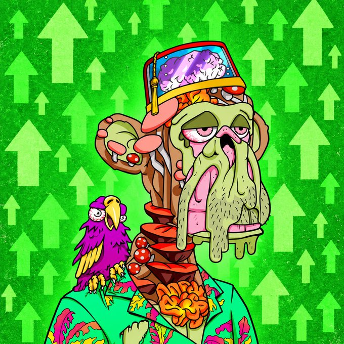 A grotesque cartoon illustration of a melting-faced man wearing a floral shirt and a hat with a purple brain visible, accompanied by a pink bird, set against a green background with upward arrows.