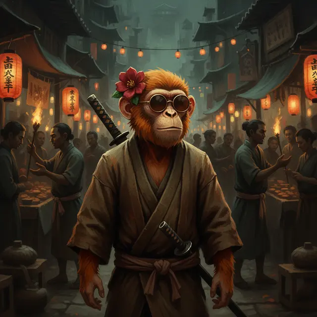 A digital illustration of a monkey wearing sunglasses and a flower in its hair, dressed in a traditional Japanese robe and carrying swords, set in a lantern-lit street with onlookers.