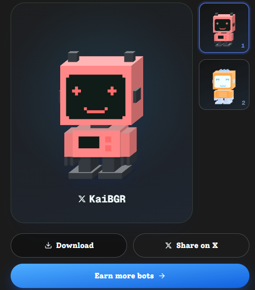 A digital interface displays a pink 3D voxel-style robot character labeled 'KaiBGR' alongside a smaller orange robot, with options to 'Download', 'Share on X', and 'Earn more bots'.