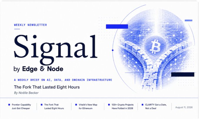 A header image for the 'Signal by Edge & Node' weekly newsletter, featuring a blue-toned graphic with a Bitcoin symbol and the headline 'The Fork That Lasted Eight Hours' by Noelle Becker.