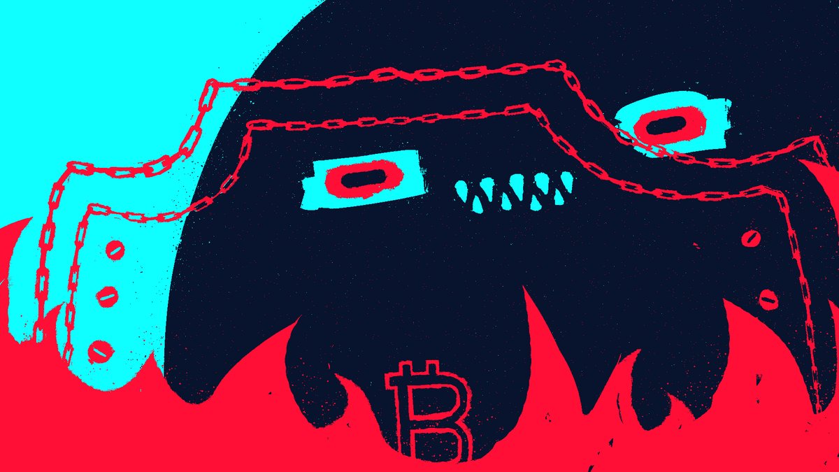 In this digital artwork, there are two faces with eyes resembling teeth, giving them a monster appearance. The artwork also features various elements that might be related to cryptocurrency or Bitcoin, such as an illustration of an ATM machine, chains, and other abstract shapes. The image is colored in shades of blue and red, which gives it an unconventional artistic style. There are also some descriptions about the Bitcoin-themed artwork, including its price and some financial details.