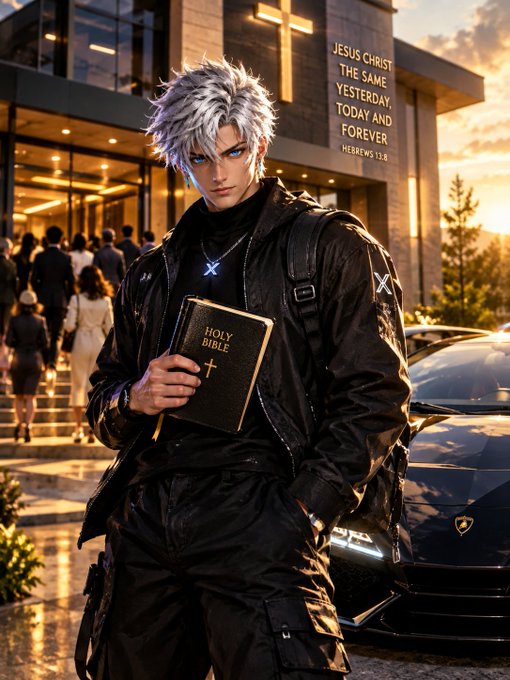 An anime-style illustration of a silver-haired man in black tactical clothing holding a 'HOLY BIBLE', standing in front of a church with the text 'JESUS CHRIST THE SAME YESTERDAY, TODAY AND FOREVER HEBREWS 13:8'.