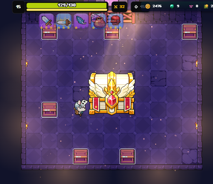 A screenshot from a 2D dungeon crawler game shows a small white character standing next to a large ornate chest with angel wings in a purple-tiled room.