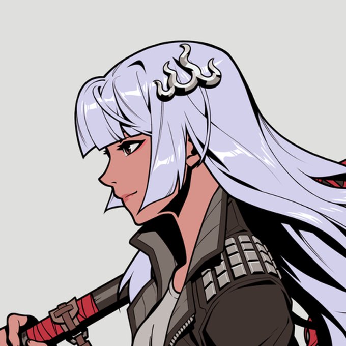 A 2D anime-style illustration of a character with long silver hair, a flame-shaped hair clip, and a confident smirk, wearing a dark jacket.