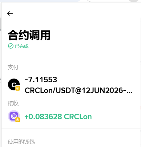 The image shows a completed contract transaction ("合约调用") on TermMaxFi, where the user paid 7.11553 USDT and received 0.083628 CRCLon tokens as a result of the dual vault's exchange condition being triggered by market price movements.