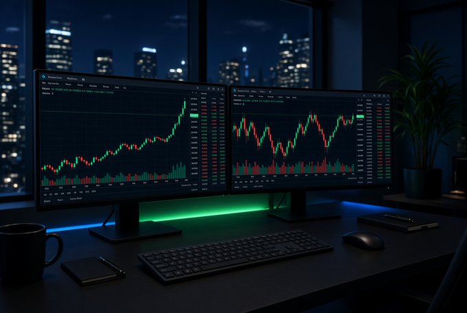 A dark nighttime trading desk with two monitors displaying financial candlestick charts, city lights outside the windows, and green and blue accent lighting under the screens.