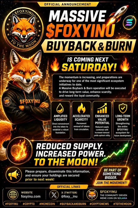 The image is an official announcement for a massive $FOXYINU Buyback & Burn event happening the following Saturday, featuring a fox mascot and highlighting benefits like amplified liquidity, accelerated scarcity, and enhanced value potential. It promotes hashtags #FOXYINU, #CRYPTO, #MEMECOIN, #BUYBACKANDBURN, #CRYPTONEWS, and #TOTHEMOON, with the slogan "Reduced Supply. Increased Power. To the Moon!" reinforcing the accompanying post's message about building momentum for the $FOXYINU community.