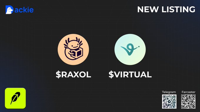 A 'NEW LISTING' announcement for cryptocurrency tokens '$RAXOL' and '$VIRTUAL' with QR codes for Telegram and Farcaster, branded by Raxie.