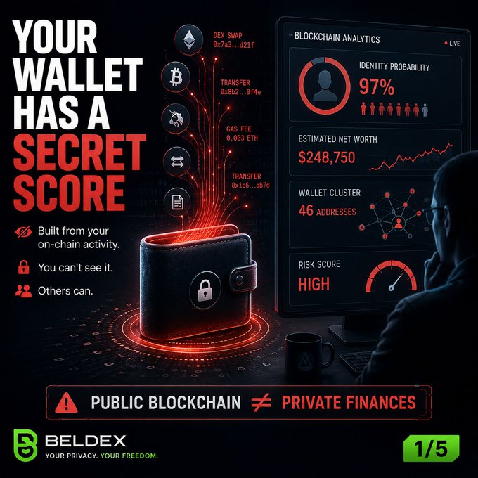A promotional graphic for BELDEX titled 'YOUR WALLET HAS A SECRET SCORE,' showing a wallet emitting crypto transaction data alongside an analytics dashboard displaying a 97% identity probability, $248,750 estimated net worth, 46 addresses in a wallet cluster, and a high risk score.