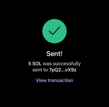 The image displays a successful transaction confirmation showing "Sent! 5 SOL was successfully sent to 7pQ2...vX9z" with a "View transaction" link, featuring a green checkmark icon on a black background. The post is from @jaredsmev announcing a giveaway of 5 SOL to 20 lucky people who retweet and share their Solana wallets, with this screenshot serving as proof of one of the completed transactions.