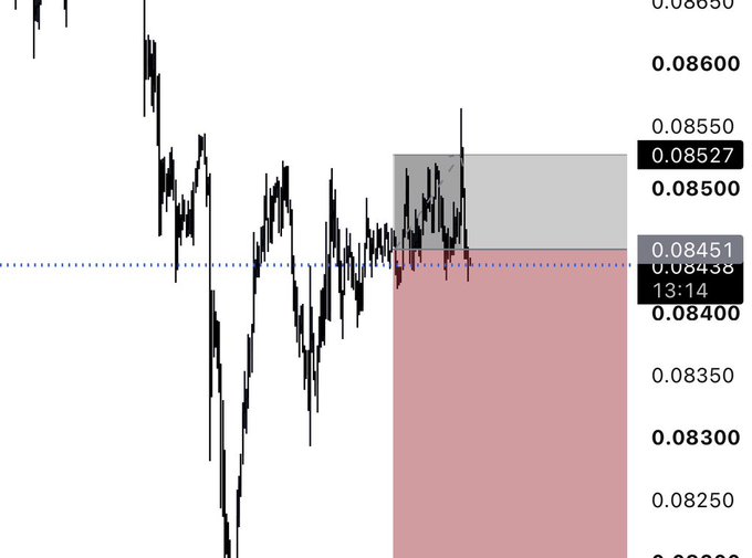 A candlestick chart shows a price area near 0.08438, with the post indicating the trader lost their position on the $DOGE altcoin after being stopped out. The pink/red shaded region highlights the loss zone, while the price has since moved up into the gray neutral zone, illustrating the missed recovery.
