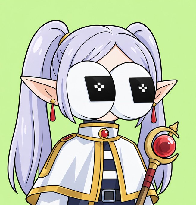 An anime-style illustration of an elf character with silver pigtails, large white eyes with pixelated pupils, and a red gem staff, set against a green background.