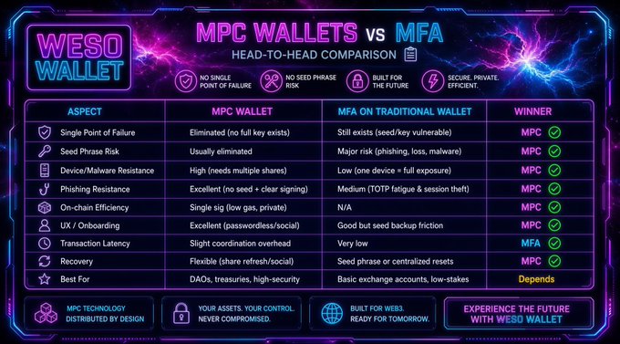 A promotional infographic for Weso Wallet titled 'MPC WALLETS vs MFA: HEAD-TO-HEAD COMPARISON,' using a table to compare MPC Wallets and MFA on traditional wallets across aspects like Single Point of Failure, Seed Phrase Risk, and Phishing Resistance, with MPC winning most categories.