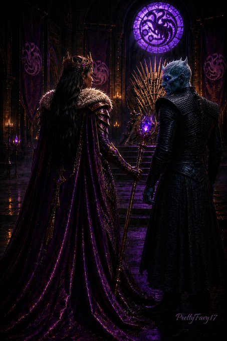 A dark fantasy scene depicting a woman in a regal purple gown and crown standing next to the Night King from Game of Thrones, with the Iron Throne visible in the background.
